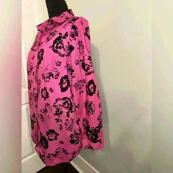 Roamans Womens Plus 14W Bright Fuchsia & Black Floral Cotton‎ Button Down Blouse - Picture 2 of 10